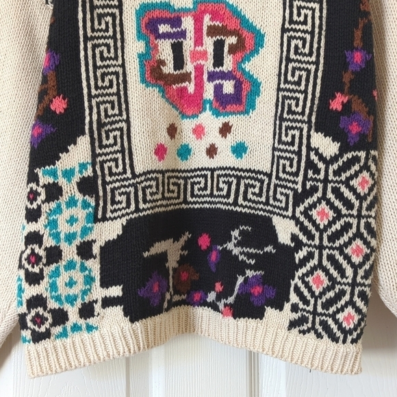 My 90's Vintage Funky Multicolored Abstract Knit Chunky Crewneck Sweater Cream M - Picture 6 of 12